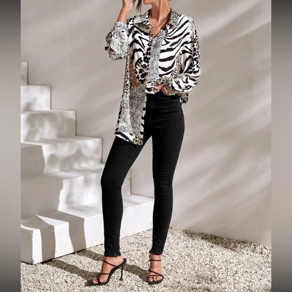 Boho zebra and leopard print button down blouse - Picture 4 of 5